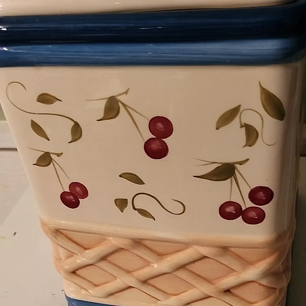 Cherry Pattern Ceramic Canister with Blue Accents
